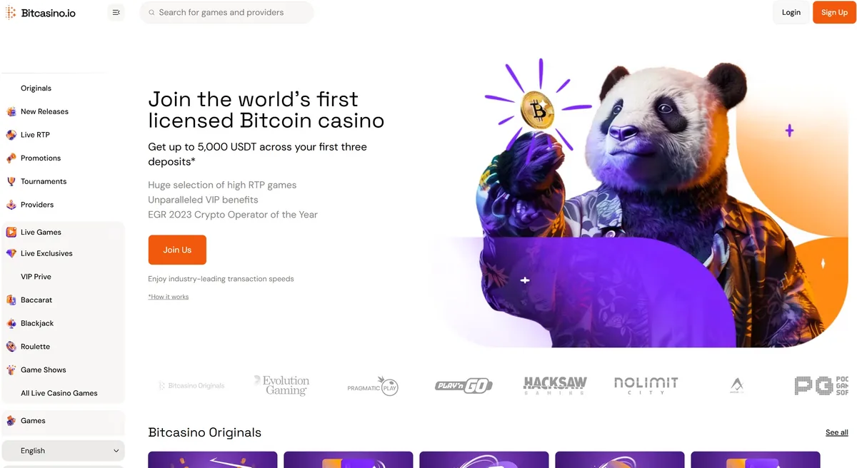 The Bitcasino.io front page offering up to 5,000 USDT across the first three deposits