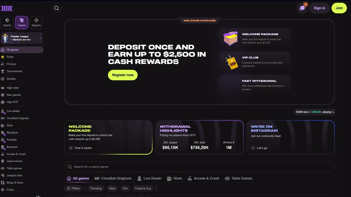 Cloudbet-Casino-Seite mit einem Auszahlungs-Kästchen: zahlt seit 2013 aus, größte Auszahlung in 24 Stunden 95,15 Tsd. $, Summe in 24 Stunden 755,28 Tsd. $, Gesamtzahl aller Zeiten 1 Mio.