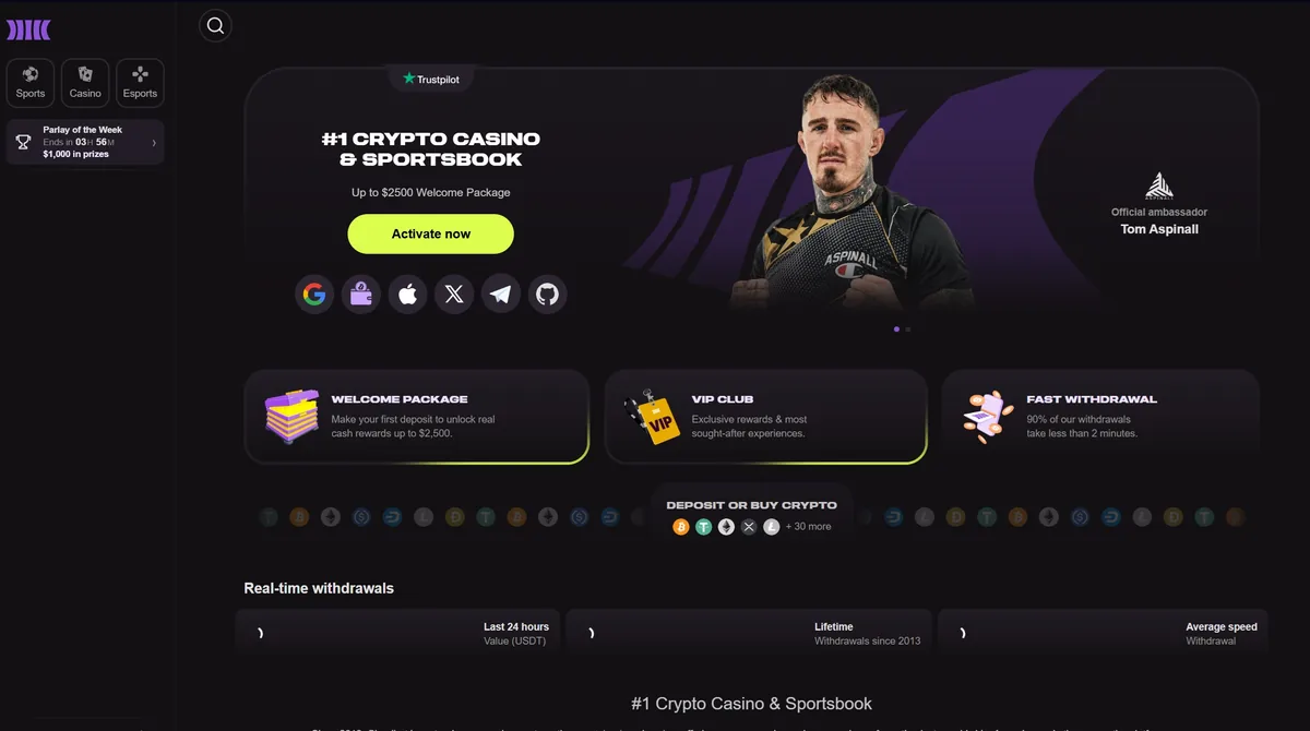 Cloudbet-Startseite mit den Tabs Sports, Casino und Esports, der Überschrift #1 Crypto Casino and Sportsbook, einem Willkommenspaket bis 2.500 $ und einem Schnellauszahlungs-Hinweis: 90 % der Auszahlungen dauern weniger als 2 Minuten