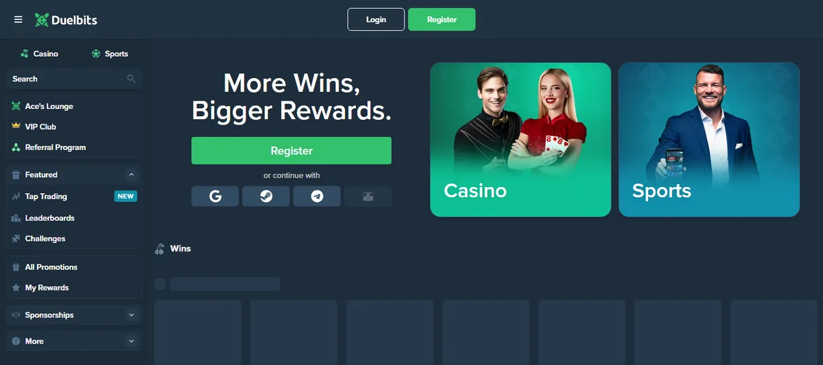 Duelbits front page with the headline More Wins, Bigger Rewards, a Register button, sign-up options for Google, Steam, Telegram and a crypto wallet, a Casino tile and a Sports tile, and a sidebar with Ace’s Lounge, VIP Club, Tap Trading marked new, Leaderboards, Challenges, All Promotions and My Rewards