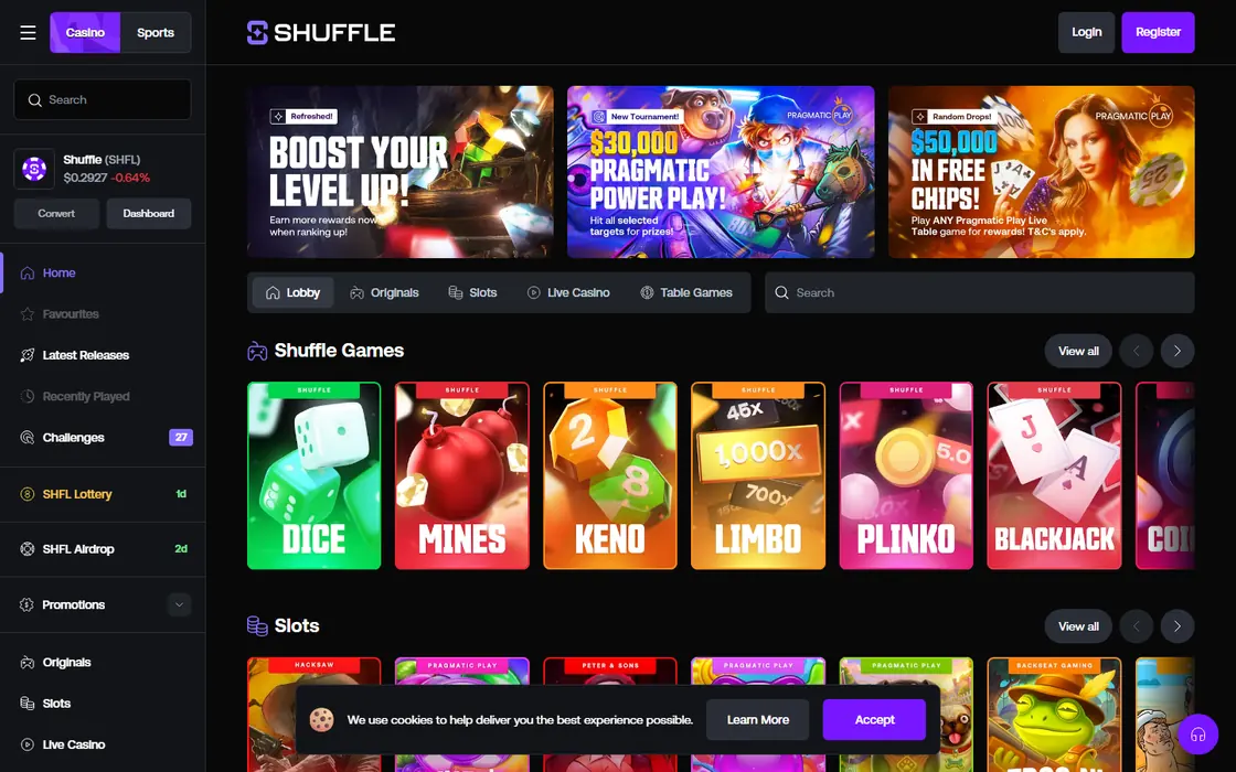 The Shuffle.com front page with its in-house games row: Dice, Mines, Keno, Limbo, Plinko and Blackjack