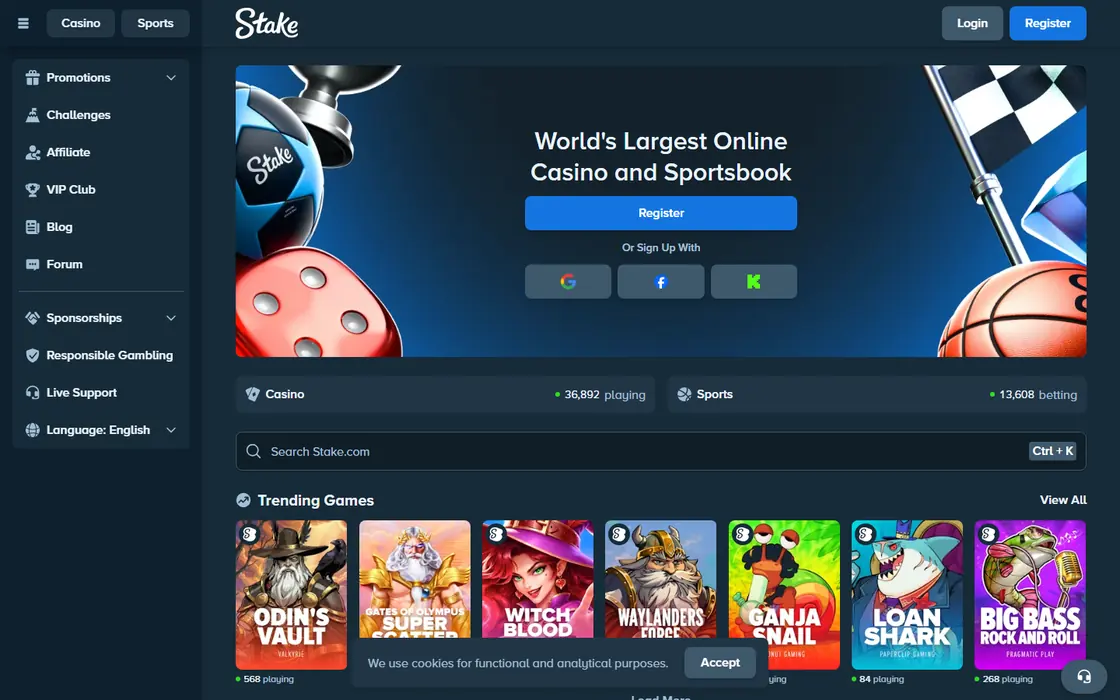 The Stake front page headed World's Largest Online Casino and Sportsbook, with live counters for casino players and sports bettors