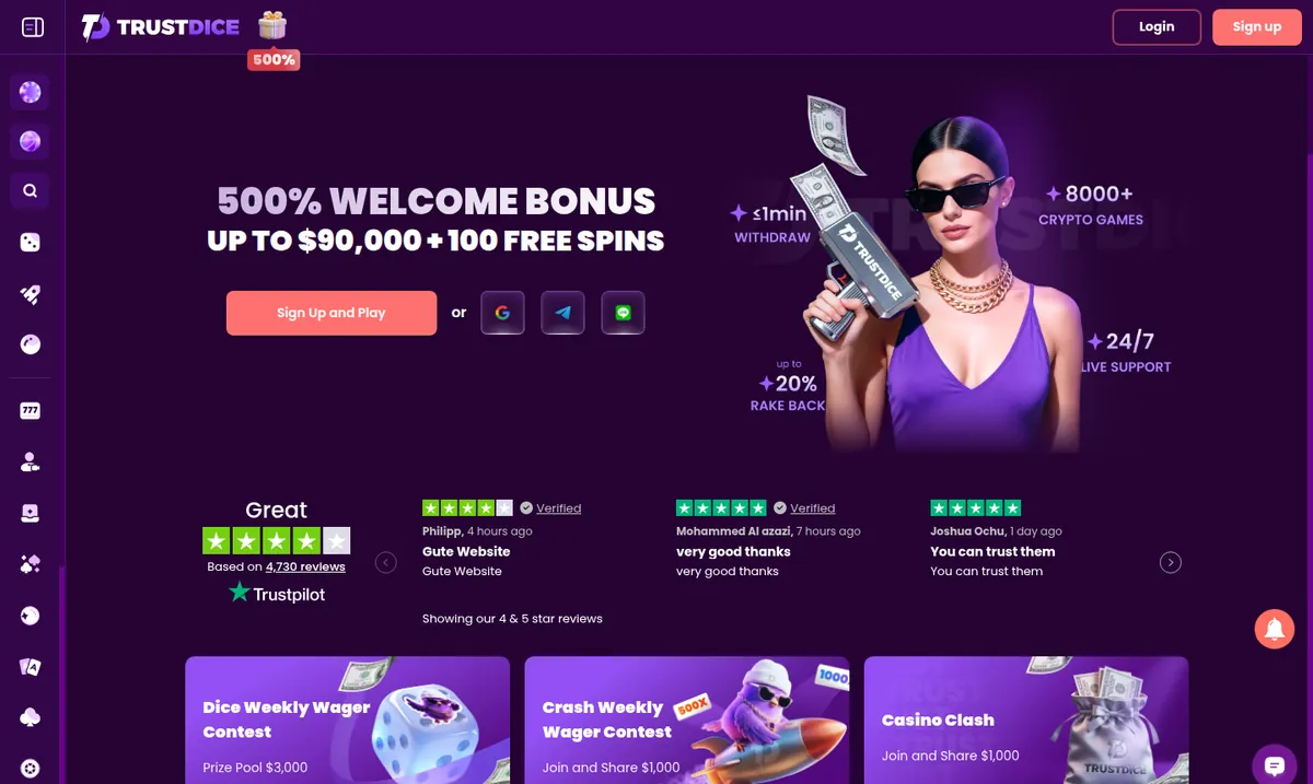 The TrustDice front page with a welcome banner of 500% up to $90,000 and 100 free spins