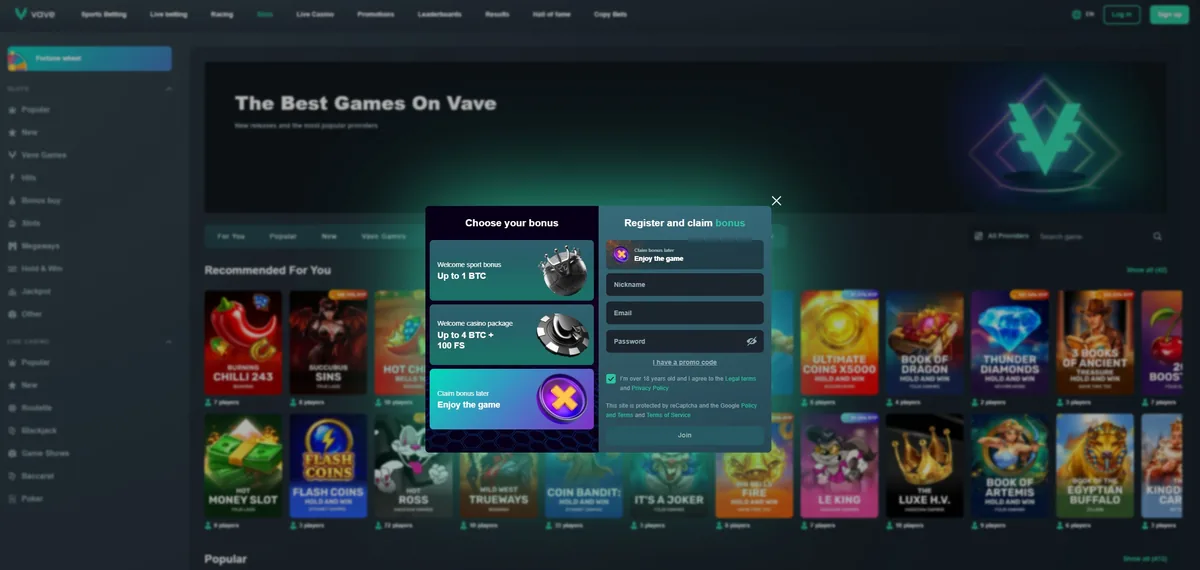 The Vave lobby with Sports Betting, Live betting and Racing along the top bar and a sign-up window that asks for a choice between a sport bonus and a casino package