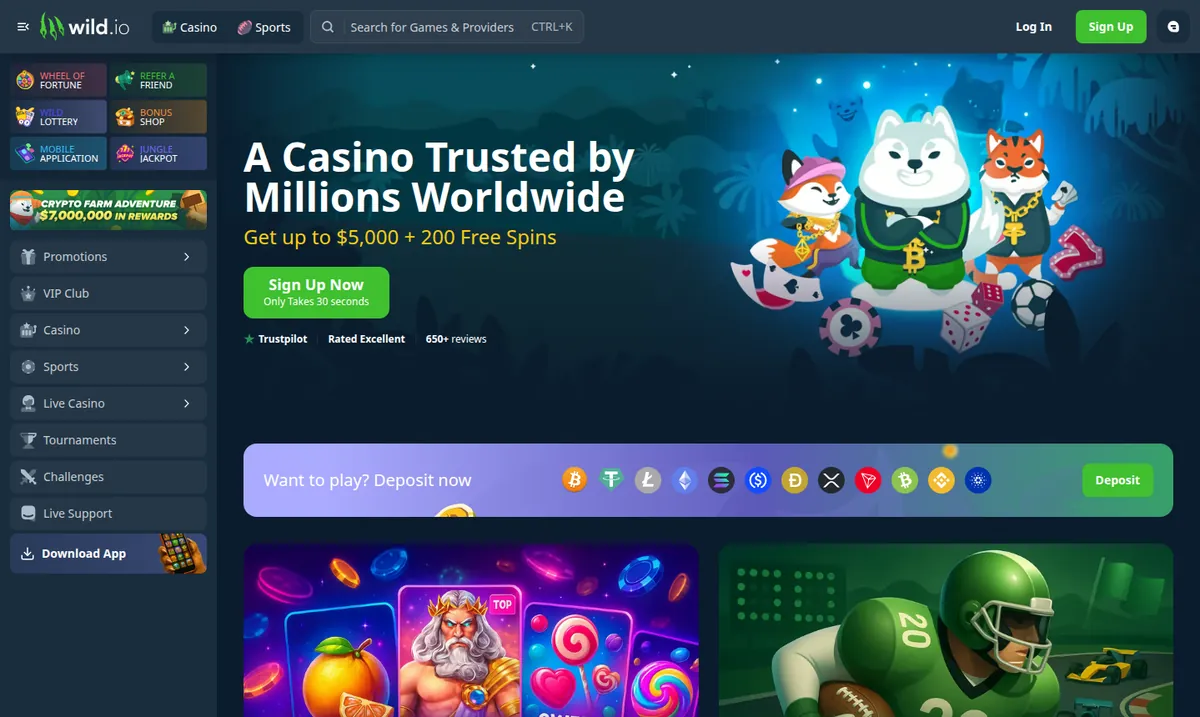 Die Wild.io-Startseite, angeführt vom Willkommensangebot-Banner